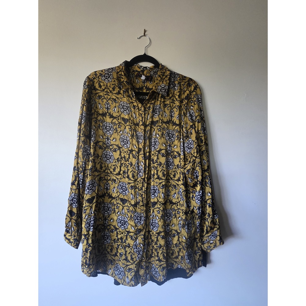 Johnny Was Workshop Mustard Floral Velvet Back Button Up Boho Blouse